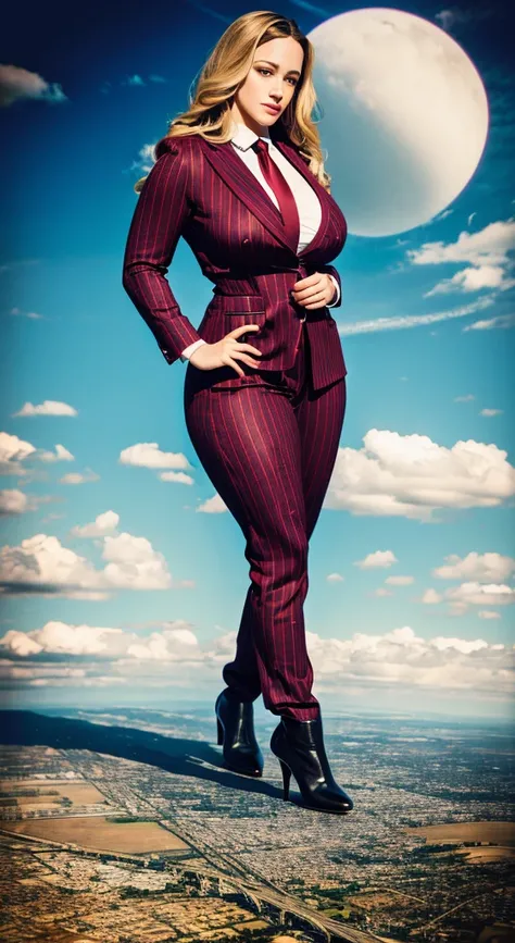 A young Kat dennings sophisticated and stylish wowan in a blue pinstriped trouser suit, white shirt, and a large wide red paisley necktie with a really large windsor knot, with a beautiful, curvaceous figure, massive breasts, and blonde long wavey hair, wi...