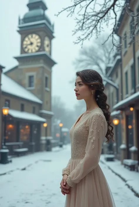 In the snow、Beautiful woman waiting under the clock tower