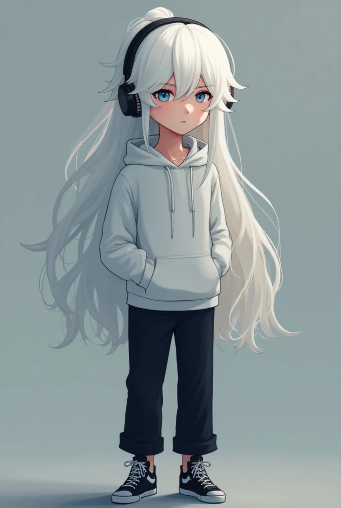 A boy s boy with white huddy black pant and black shoe.he had a headphone. he had long white hair  and blue eyes his hight is 6 fit. it make human