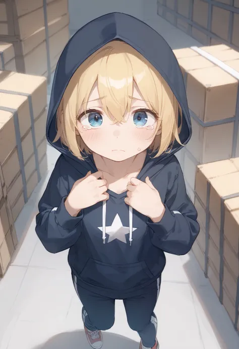 (( best quality)), ((masterpiece)), ( Details), 1girl, Alone, cute, loli, cute face, sketch-style illustration, The lines are unstable in thickness, with no highlights in eyes, medium hair, blonde hair, hair between eyes, hood, gray wide hoodie, jogger pan...