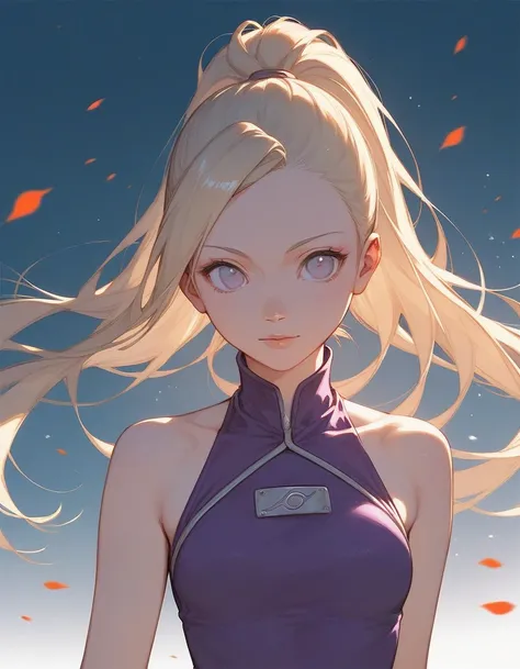 half body, score_9, score_8_up, score_7_up, (solo), 1girl, ino yamanaka, long hair, naruto, blond hair, medium breast, (pose), ponytail, hands, fingers, high neck halter top, big eyes, violet clothes 