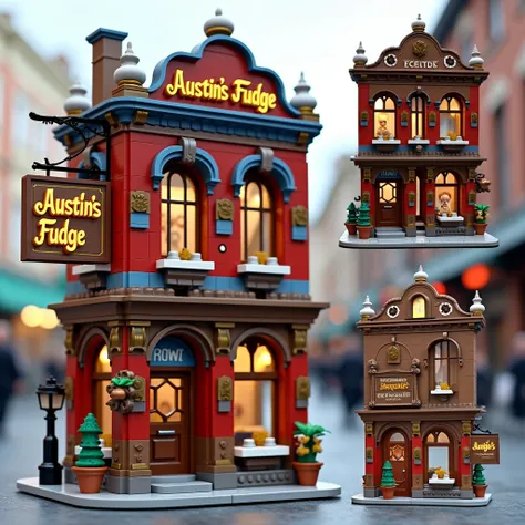 A chocolate fudge shop side, top and inside view thats lego with a sign design with gold and blue baroque architecture that says Austins Fudge homemade rich and creamy 