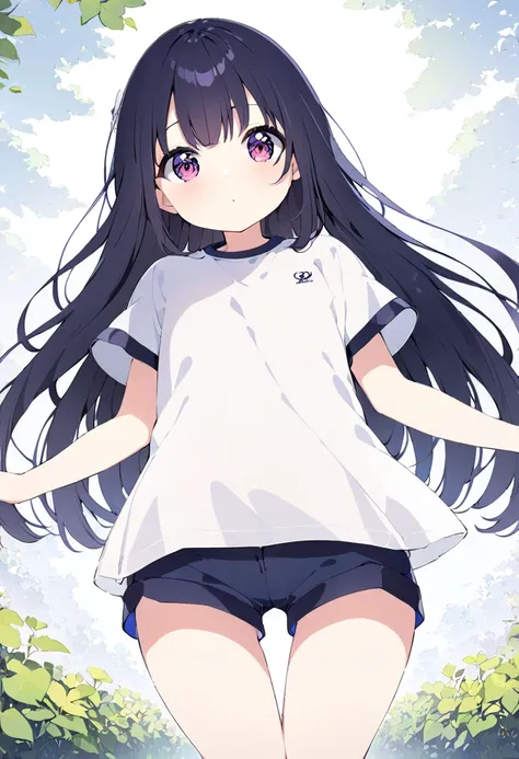 ( one girl、 girl :1.5)、 beautiful illustration ,  best quality、(cute petite ：1.3)、(big round glasses:1.1)、Long black hair、 long hair、 white short sleeve shirt from the front、( navy shorts 、Wide Hem Shorts 、Shorts and thigh gap、Wide opening on shorts:1.3)、(...