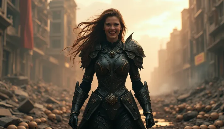  crazy girl with an angry smile, in black armor, look, how the world burns , the city of the future has been destroyed by devastation and skulls on the ground