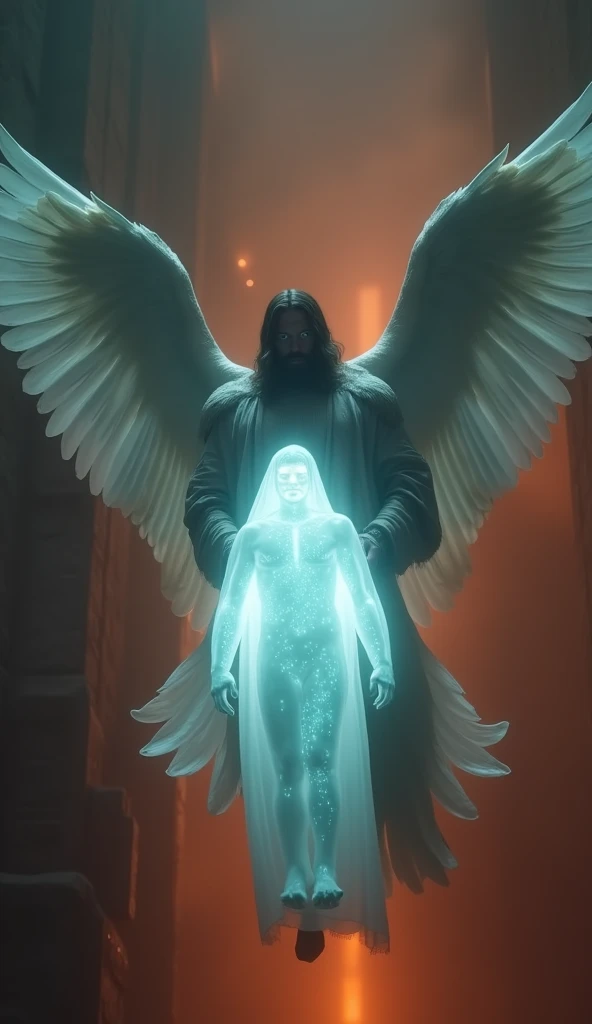 (photorealism:1.2),  a burly faced man-angel flying , Next to her hand is holding a cloaked adult male whose body is transparent glowing white, fearful facial expression ,  dark background there is a reddish flame glow , cinematic panoramic image 