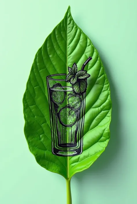 Create a conceptual art piece in the style of Bruce Nauman featuring a single, large mint leaf rendered with realistic colors and textures. Superimposed on the surface of the mint leaf, sketch an original drawing in the bold, line-based style of Al Hirschf...