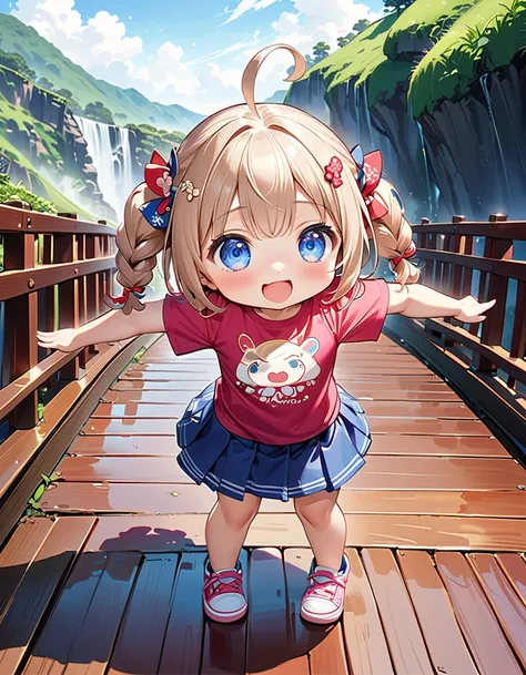 ((Climb up the bridge railing :1.5))、(( one girl :1.5)、((Chibi Girl:1.5)))、 Kindergarten Mother:1.5、 best quality、 high definition 、 detailed background、 beautiful face down to the smallest detail 、 anatomically correct、detailed expression、fine grain、((who...