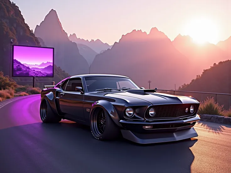 retrowave. City, 1969 mustang boss, wide body kit, Road, PURPLE NEON MONITOR LIGHT, Sun, Mountain, (Masterpiece, Detailed, A high resolution),