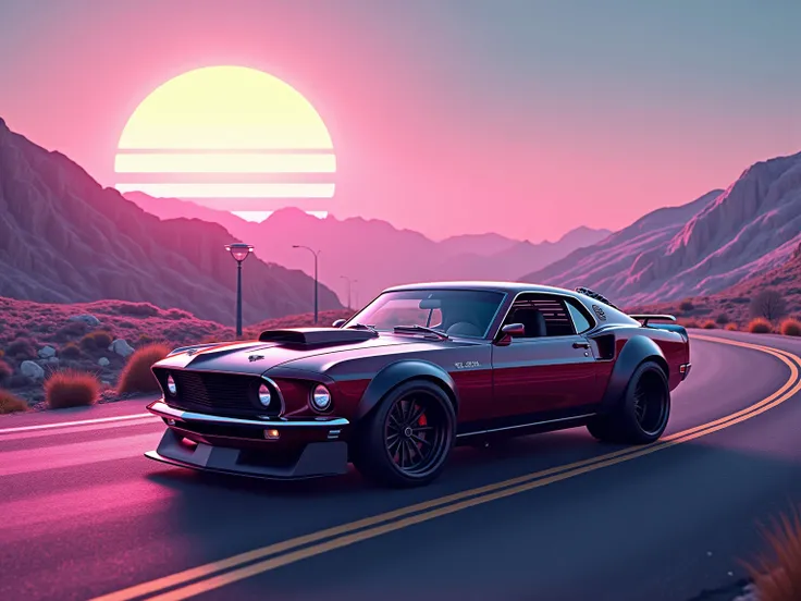 retrowave. City, 1969 mustang boss, wide body kit, Road, PURPLE NEON MONITOR LIGHT, Sun, Mountain, (Masterpiece, Detailed, A high resolution),