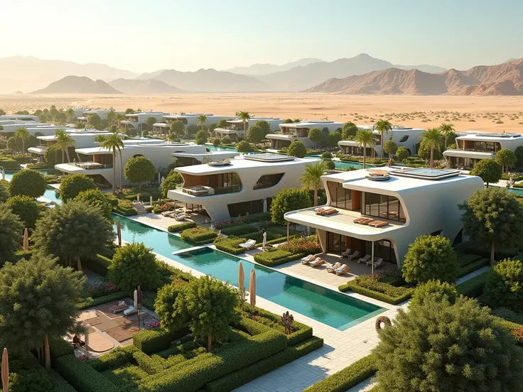 A LANDSCAPE OF AN URBAN CONDOMINIUM FULL OF CONTEMPORARY STYLE HOUSES IN THE MIDDLE OF THE DESERT,  WITH GREEN AREAS AND A LOT OF COMFORT DUE TO ADVANCED TECHNOLOGY THAT EMULATES PARADISE ON EARTH
