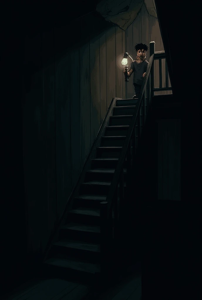  A dark and dusty attic ,  with deteriorated wooden walls and an old staircase.  The lighting is minimal ,  coming from a single broken lamp that rocks ,  creating disturbing shadows . The character,  a man with short hair and simple clothes ,  with a caut...