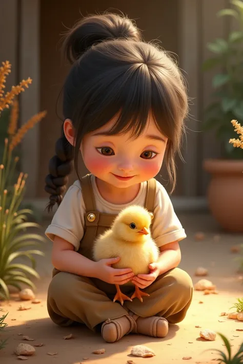 a girl playing with a baby chiken