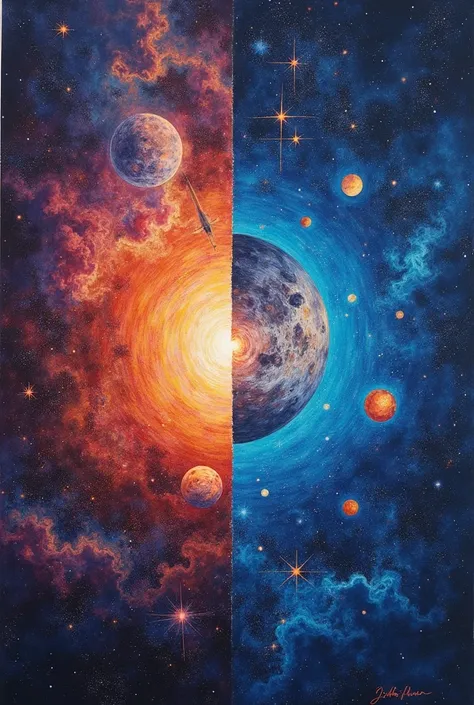 generate a image that consist a milky way in the middle, dividing it into four with still the milky way in the middle, and those four with each different space, planets and star designs, using a color pencil art