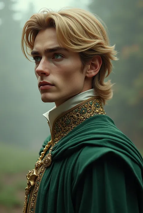 Young adult tall blonde prince with green eyes. Distant to the camera