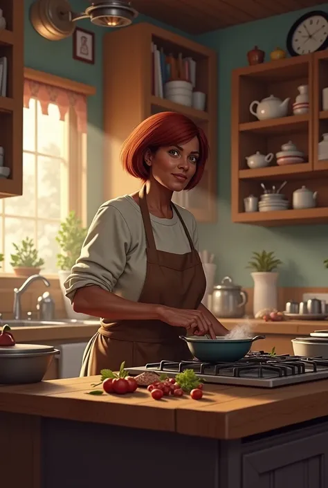 An elderly black woman with short straight red hair cooking