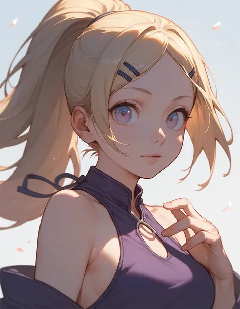 upper body, score_9, score_8_up, score_7_up, (solo), 1girl, ino yamanaka, long hair, naruto, blond hair, medium breast, (pose), ponytail, hands, fingers, high neck halter top, big eyes, violet clothes 