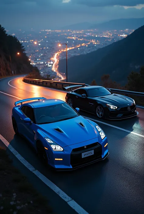 Black porche 911 and blue skyline gtr, night, view from the top view 