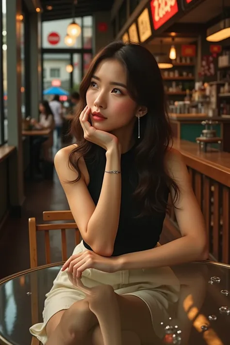 In a bustling urban café during the early afternoon, the scene captures the same beautiful Asian woman sitting on a high bar chair at a clear glass table, her chin resting thoughtfully on her hand. The sunlight streams through large windows, casting soft s...