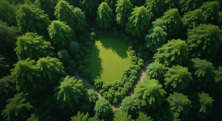 An aerial view of a dense, vibrant green forest with a natural clearing in the center. The surrounding trees form a lush, continuous canopy, while the clearing is filled with lighter, softer green vegetation, creating a striking contrast. The scene is sere...