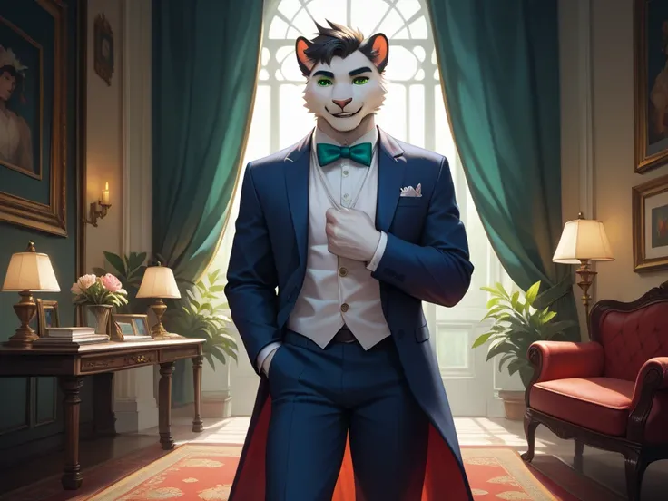 ( alone),(( is the best quality)), ((masterpiece)), ( detailed),, male anthropomorphic leopard,  white fur , White skin, white fur , short black hair , Green Eyes,Calm,Elegant,The one with a strong heart,General,  suit ,  Muscular 