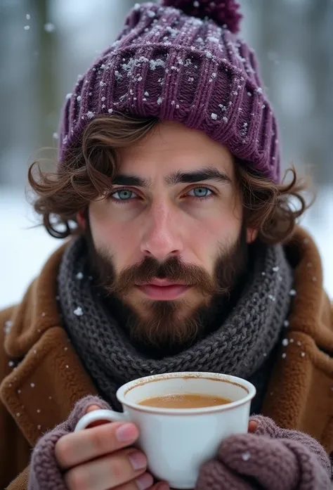 Realistic Handsome beard Persian guy with green eyes, 8k masterpiece detailed eyes brown short curly hair realistic eyes  in snow in garden full body happy face warm clothes drinking hot tea beside a beautiful brown long curly hair woman with hazel eyes wi...