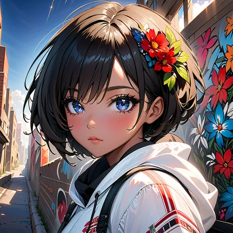 masterpiece},{The best quality},[Black woman},graffiti artist,beautiful, amazing, beautiful detailed eyes, black eyes, short hair, Black hair,finely detailed,Depth of field,Extremely detailed CG,original, Extremely detailed wallpaper, Looking at the viewer...