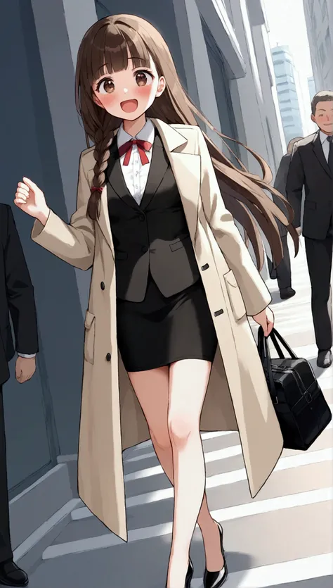 { best quality], [Very beautiful], [Ultra fine], [Best illustration],sauce_anime,stand,Brown Hair,hime cut,Long Hair,Braids,Excited face,Cutesy,Beautiful breasts, slender, make you blush,Woman looking up,Embarrassed,People around,In the city,During commute...