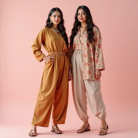 2 pakistani ren shoot for western dress with light pink background