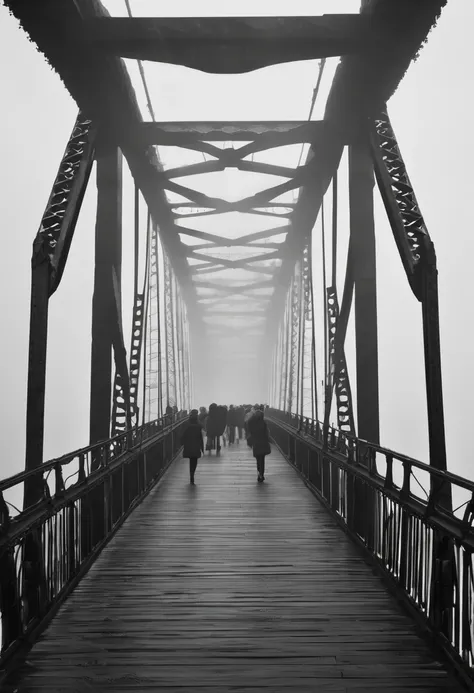  An old bridge shrouded in fog ,large iron bridge,People walking on the bridge ,Monochrome