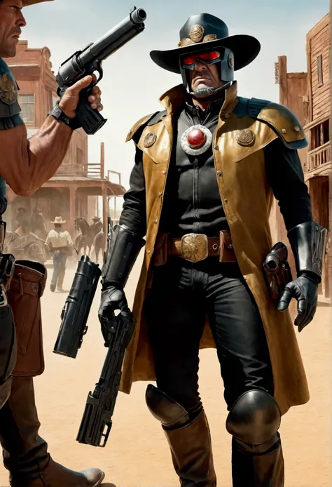 Comics judge dredd in a cowboy themed armor and broad rimmed hat helmet, big badge, huge gun. He is confronting mutant viallain cowboys in an old west town, high noon