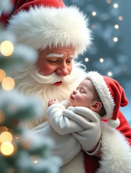  realistic Santa Claus holding a baby in Santa Claus clothes, lots of tenderness  ,  cozy setting with Christmas lights  