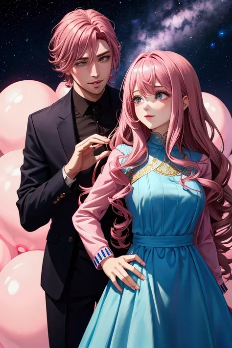 pink hair woman, brown haired man, Blue dress,  black suit,  Milky Way 