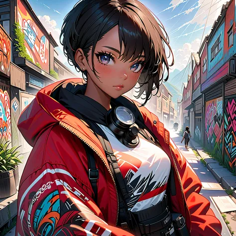 masterpiece},{The best quality},[Black woman},graffiti artist,beautiful, amazing, beautiful detailed eyes, black eyes, short hair, Black hair,finely detailed,Depth of field,Extremely detailed CG,original, Extremely detailed wallpaper,upper body, Looking at...