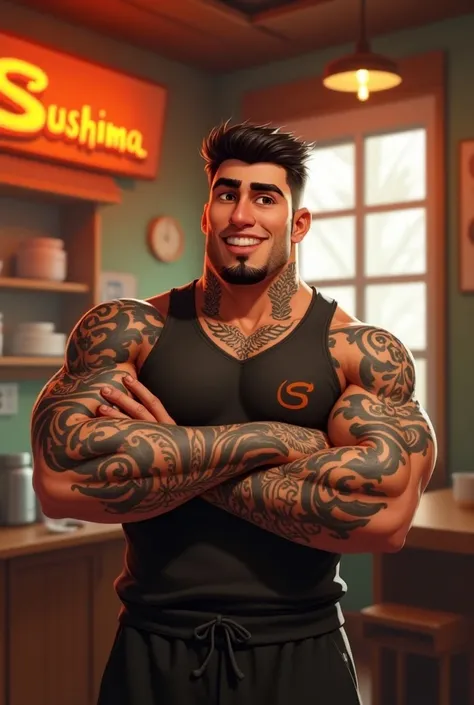 Pixar style: A slightly athletic man with tattooed arms  ,tattooed neck, chest written, brown-eyed muscular freedom with short hair, dressed 45 years old with a short black beard on his chin, worked at a Japanese restaurant, Sushima, used the reference pho...