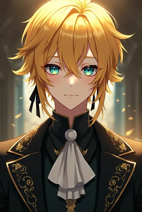 An anime young man with sharp blue and green eyes represents golden yellow hair with a black ribbon , He has fair skin and wears all the beautiful and luxurious black fantasy clothes such as noble clothes
