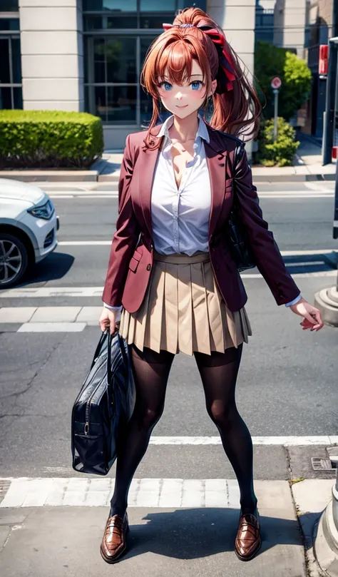 1girl, ((full body)), solo, school, red hair, ponytail, large breasts, ((light brown blazer)), dark blue eyes, ((white shirt)), ((unbuttoned shirt)), school uniform, skirt, smile, looking at the viewer, standing, hair ribbon, golden necklate, brown shoes