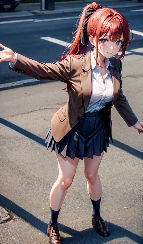 1girl, ((full body)), solo, school, red hair, ponytail, large breasts, ((light brown blazer)), dark blue eyes, ((white shirt)), ((unbuttoned shirt)), school uniform, skirt, smile, looking at the viewer, standing, hair ribbon, golden necklate, brown shoes