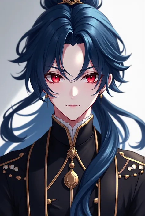 A young anime man with sharp red eyes represents long indigo hair tied with a black ribbon , He has fair skin and wears all the beautiful and luxurious black fairy clothes like the clothes of nobles 