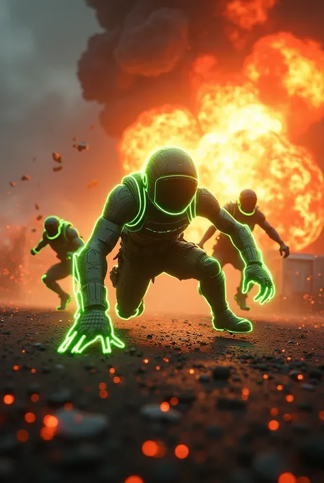 A high-intensity Free Fire action scene showing an explosion in the background and neon green glowing player outlines performing dynamic movements like crawling, standing, and jumping. The focus is on vibrant energy and gameplay elements."

