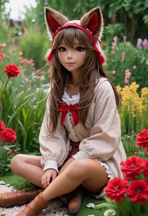 fox, (monster girl), long brown ears with darker brown inside, brown fur, tan neck fluff, brown fluffy tail with a tan tip, large brown eyes, wearing modest clothing, red thongs, sitting in a flower garden, masterpiece, best quality