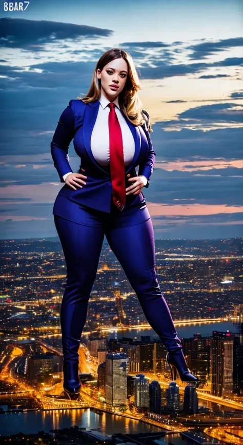 A young Kat dennings sophisticated and stylish wowan in a blue pinstriped trouser suit, white shirt, and a large wide red paisley necktie with a really large windsor knot, with a beautiful, curvaceous figure, massive breasts, and blonde long wavey hair, wi...