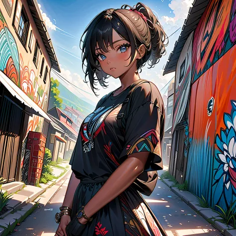 {masterpiece},{The best quality},[Black woman},graffiti artist,beautiful, amazing, beautiful detailed eyes, black eyes, short hair, Black hair,finely detailed,Depth of field,Extremely detailed CG,original, Extremely detailed wallpaper, Looking at the viewe...