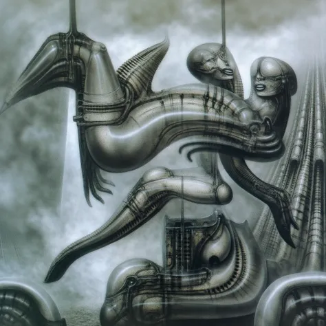 H. R. Gigers g1g3r, , Giger_style, H. R. Gigers g1g3r, , Giger_style, The image is a detailed view of H.R. Gigers " Aleph (work 210) " plate, featuring   The image portrays a group of humanoid figures with mechanical and organic features, including what ap...