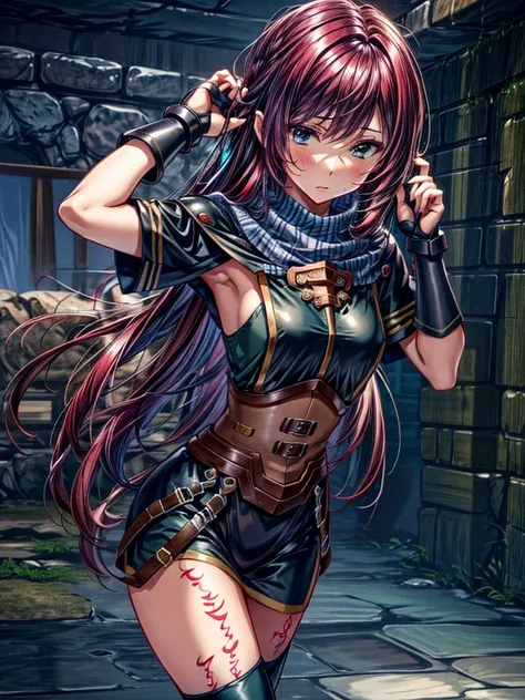    score_9,    score_8_up,    score_7_up,masterpiece, 4K, Realistic,  best quality,  Nelselfer ,
 1 girl, Red Hair, , green eyes,  purple eyes, scarf, armor, Fingerless gloves, tattoo,  thigh-length socks ,  boots,(Long Hair:1.6),Inside a dim dungeon,Hands...