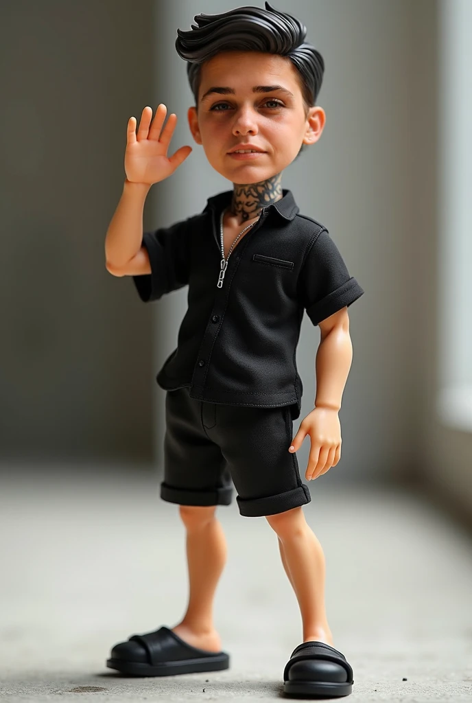  Create a 3D doll like the reference image  ,with a black shirt,short preto , neck tattoo and black slipper smiling ,Waving at those looking at him in front 