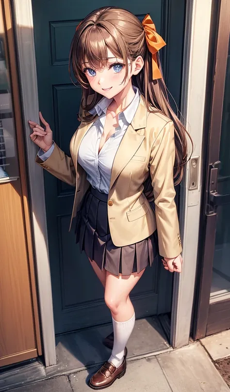 1girl, ((full body)), solo, school, brown hair, large breasts, ((light brown blazer)), dark blue eyes, ((white shirt)), ((unbuttoned shirt)), school uniform, skirt, smile, looking at the viewer, standing, hair ribbon, golden necklate, brown shoes