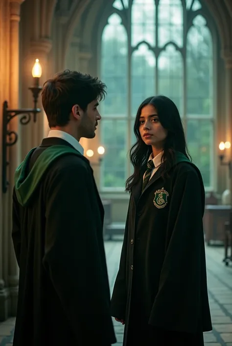 A BEAUTIFUL 16-YEAR-OLD GIRL ,  straight black hair ,  blue eyes , thesis Clara. Dressed in the Slytherin uniform and at Hogwarts with Draco Malfoy