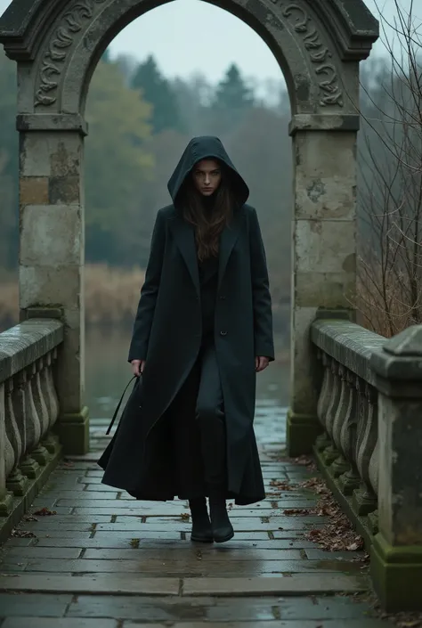 mysterious woman, black coat and hood, crossing an old bridge, gorgeous woman