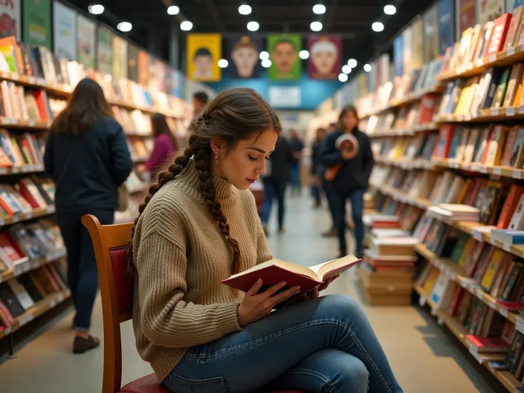 "A young woman in her late 20s, with long hair tied in a loose braid, sits comfortably on a wooden chair at a bustling book exhibition. She is deeply engrossed in a novel, oblivious to the crowd around her. She wears a stylish yet casual outfit with a cozy...