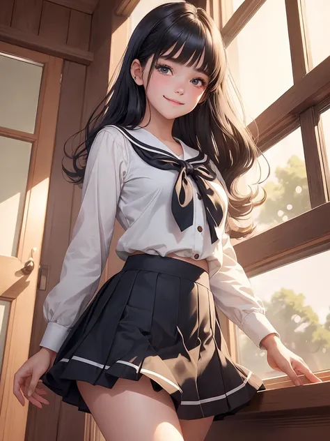 Very cute and beautiful girl,(very detailed beautiful face and eyes:1.2),
Smile,Sailor School Uniform,(Mini skirt),(Cowboy Shot),(From below),Black hair,Dynamic Pose,Beautiful legs,
Wooden Classroom,window,Distant trees々Yamori,
(Best Quality,masutepiece:1....